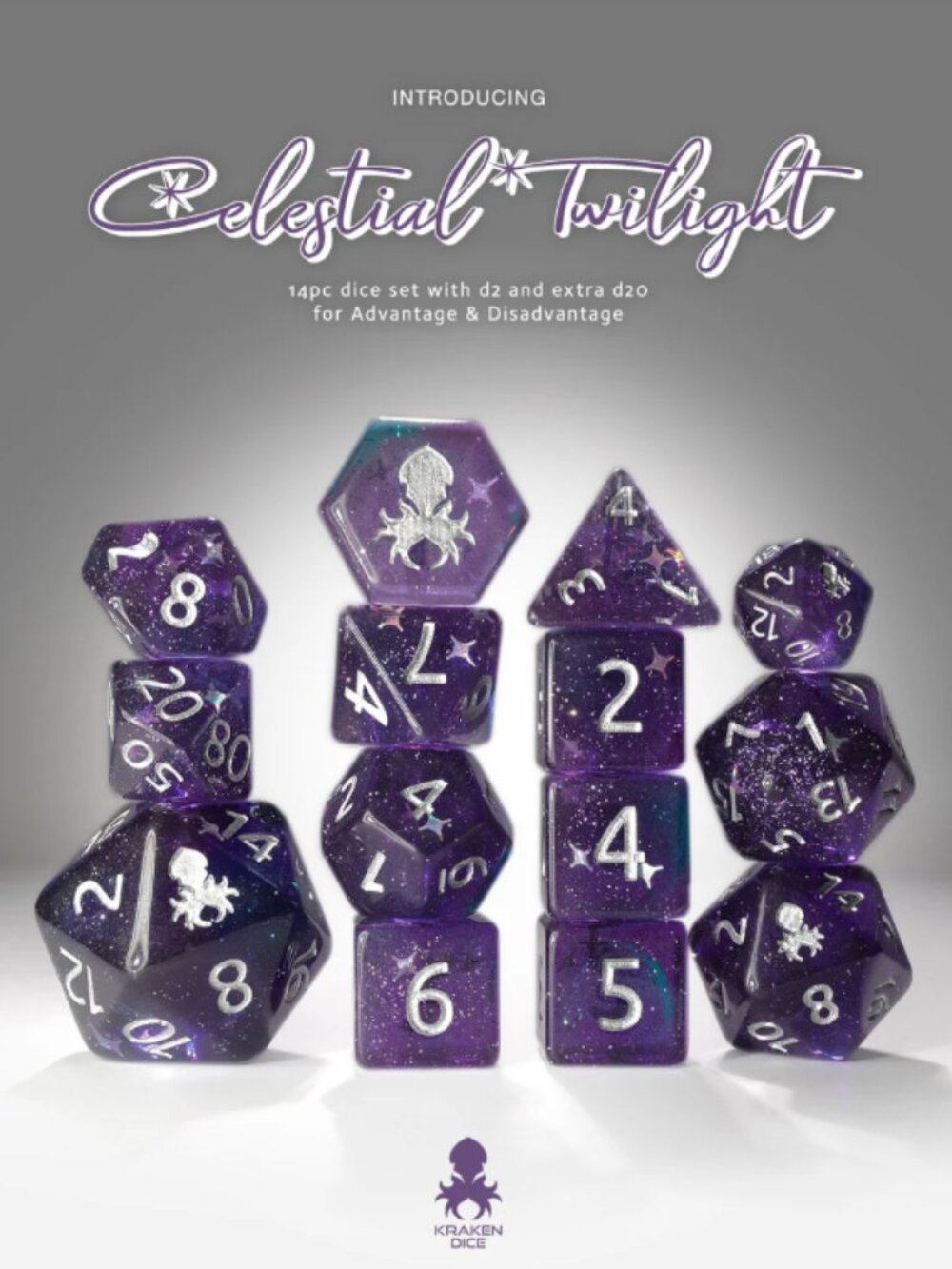 Kraken Dice - Celestial Twilight 14pc Dice Set With Kraken Logo